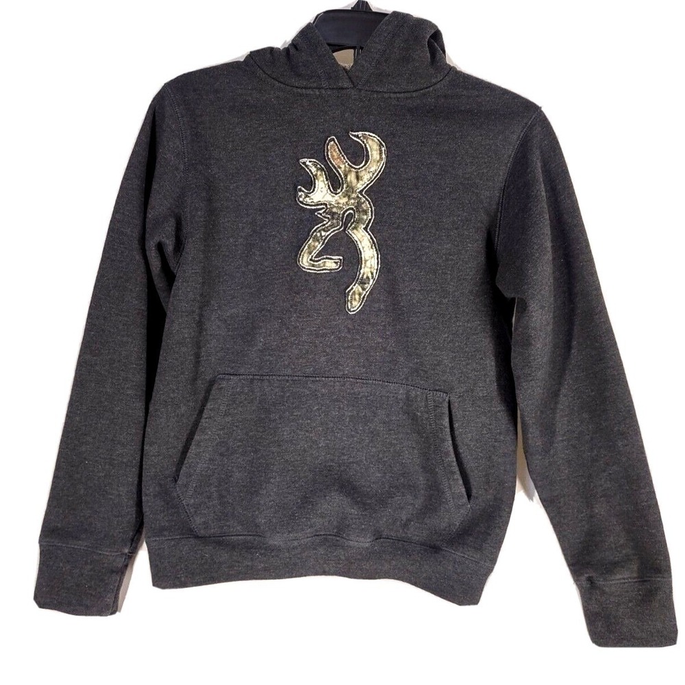 Browning Hoodie Youth Size Large Cabin Core Charcoal Gray Camo Logo Graphic Logo